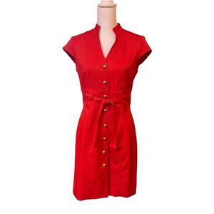 EH Woods Dress Womens‎ 6 Red Button Up Belted Classic Minimalist Preppy Retro